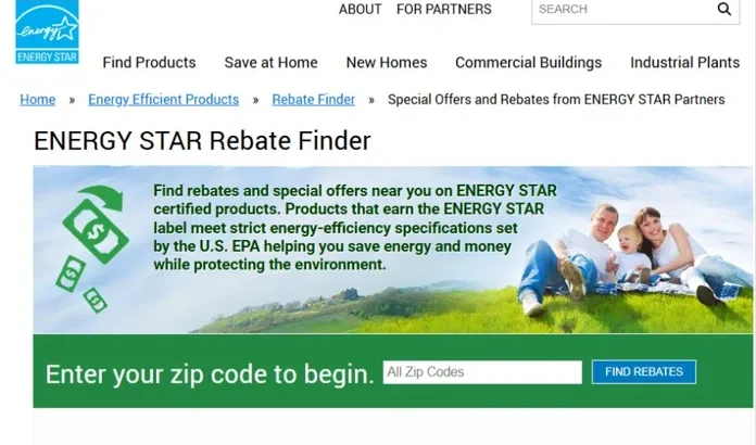 ENERGY STAR Rebate Finder page showing the ZIP code field for local energy-efficiency offers